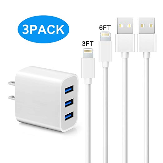 Phone Charger, 15W 3-Port USB Plug Cube Wall Charger Travel Adapter with 2Pack 3FT 6FT Fast Charging Cords Compatible with iPhone Xs MAX XR X 8 8Plus 7 7Plus SE 6sPlus 6s 6 5s, iPad iPod