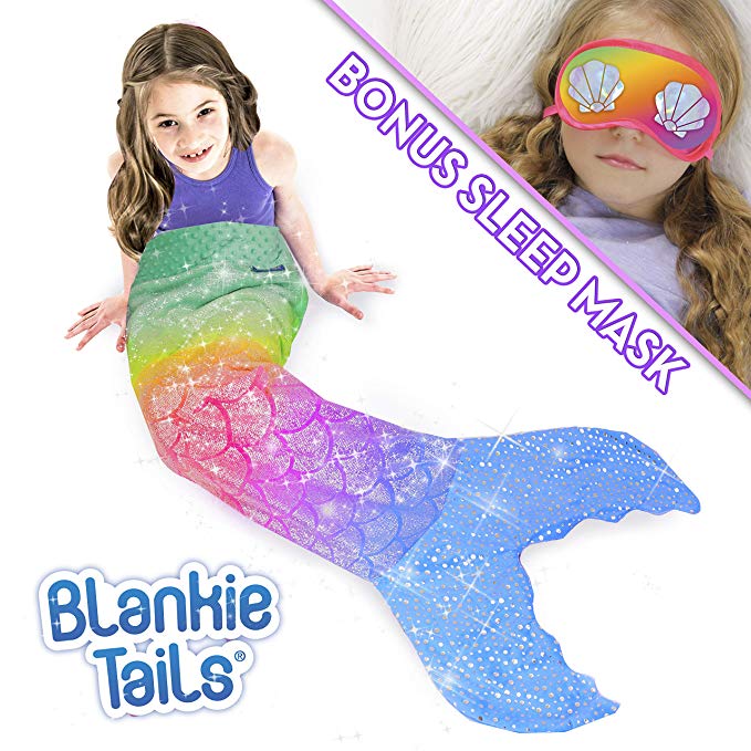 Blankie Tails Mermaid Tail Blanket with Bonus Sleep Mask Gift Set - Glitter Sparkle Rainbow Ombre Mermaid Blanket-Double-Sided Minky Fleece Kids Size Mermaid Tail Wearable Blanket
