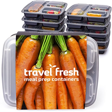 [10 pack] Travel Fresh premium 3-Compartment meal prep food storage containers | Microwavable, stackable, dishwasher safe BPA-free bento lunch boxes with lids and plate dividers