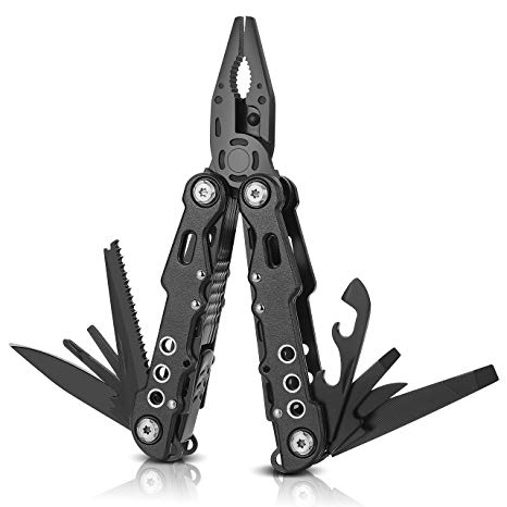 Suruid 12 in 1 Multi tool Pliers Pocket Knife with Durable Nylon Sheath, Multitool with Pliers, Bottle Opener, Screwdriver, Saw-Perfect for Outdoor, Survival, Camping, Fishing, Hiking - Cool Black