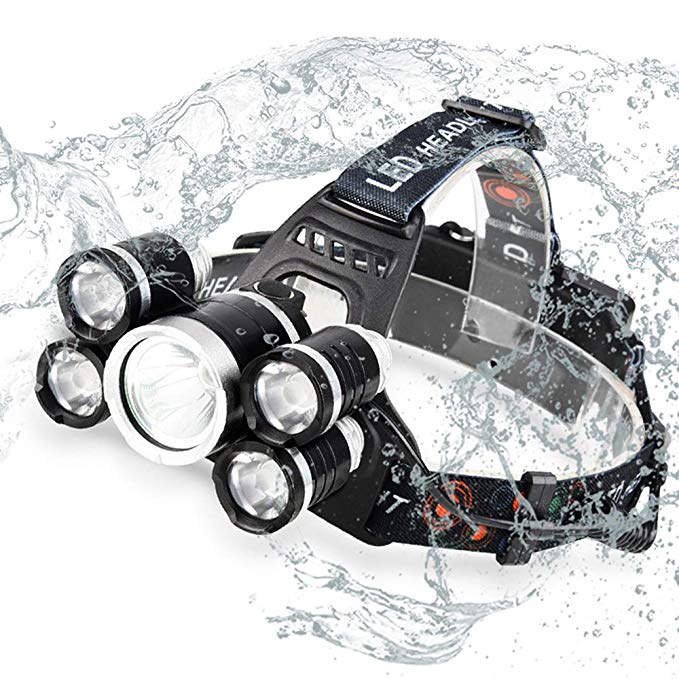 Acsin LED Headlamp Flashlight, Super Bright T6 LED Zoomable 4 Modes High Lumens Waterproof Rechargeable Head 90ºSwivel Ability Focusing Ring Headlight Outdoor Hiking Camping, 2x18650 Battery Included