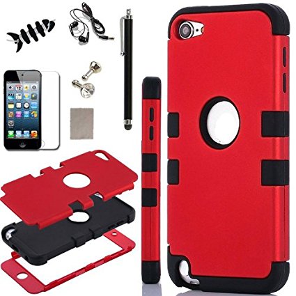 iPod Touch 5 Case, - SQdeal 6in1 Pack 3 Layer Hard and Soft Hybrid Armor Defender Sports Combo Case for Apple iPod Touch 5 iTouch 5th Generation, with Screen Protector, Touch Pen, Earphone, Fish winder and Dust Plug (Red/Black)
