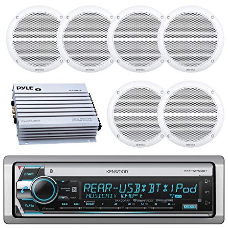 Kenwood Bluetooth CD MP3 USB AUX AM/FM Marine Boat Stereo Receiver 6x 6.5 Dual Cone Marine Speakers 4 Ch Waterproof 400 Watt Amplifier