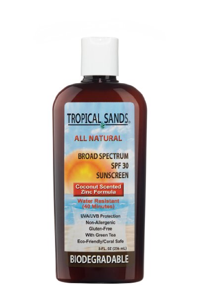 Tropical Sands Scented All Natural Biodegradable Mineral Sunscreen - SPF 30  - Coconut Scent - Water Resistant - 8 fl Ounces - Use for Snorkeling - Reef Safe!