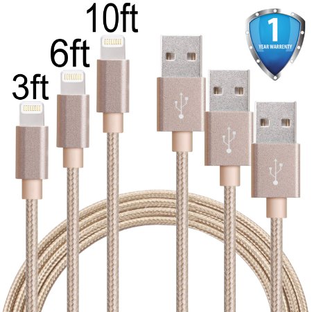 G-POW 3ft 6ft 10ft Nylon Braided Lightning Cable USB Cord Charging Cable for iphone 6s, 6s plus, 6plus, 6,5s 5c 5,iPad Mini, Air,iPad5,iPod. Compatible with iOS9.(Gold)