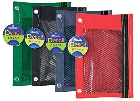 Bazic Products 803-144 3 Ring Pencil Pouch With Mesh Window Assorted Colors,4-Pack