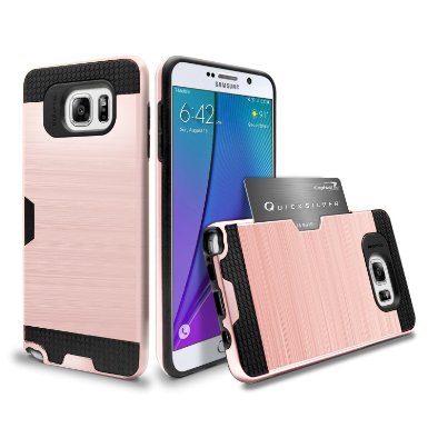 Note 5 Case, BENTOBEN Galaxy Note 5 Case [Card Slot] Dual Layer Hybrid Armor Rugged Plastic Hard Shell Flexible TPU Shock-Absorption Bumper Protective Wallet Case for Samsung Galaxy Note 5 Rose Gold