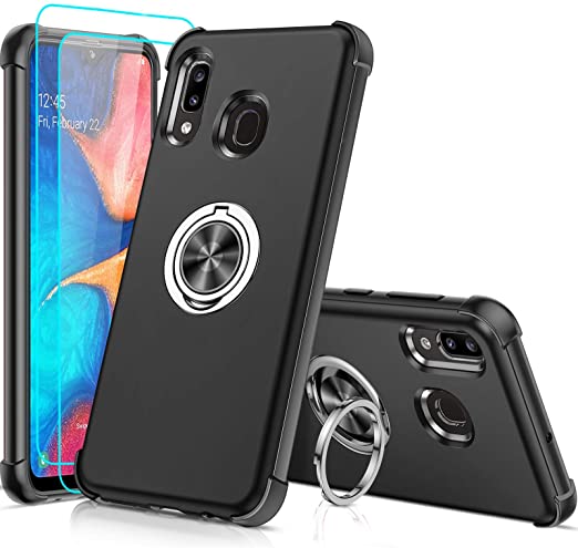 Samsung A20 Case, Samsung Galaxy A20 Case with 2 Tempered Glass Screen Protector, LeYi Military-Grade Shockproof Built-in Ring Holder Car Mount Protective Case for A20, Black