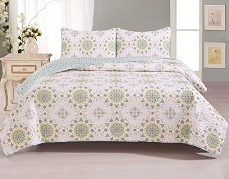 Home Fashion Designs 90285 Abigail Collection 3 Piece 90" x 90" Quilt Set, Green / White, Full/Queen