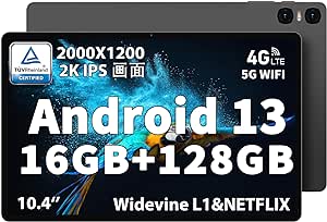 Android 13 タブレット 10インチ、TECLAST T40HD タブレット 16GB 128GB 1TB拡張、2000*1200 2K IPS画面、アンドロイド simフリー タブレット 4G LTE 5G WiFi、Widevine L1対応 タブレット 8コアCPU、GMS 7200mAh Type-C 8MP/13MP BT5.0 GPS 無線投影 TUVブルーライト認証