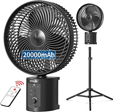 OPOLAR 20000mAh Oscillating Battery Rechargeable Fan w/Remote, 10 Inch Cordless Battery Operated Fan for Camping Hurricane, Portable Outside Pedestal Fan, Super Strong, Timer, 7 Speeds, Lasts 50 Hrs