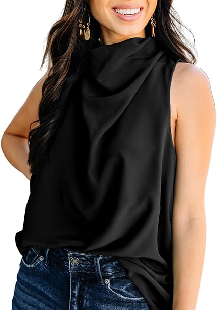 Dokotoo Womens 2024 Summer Business Casual Elegant Cowl Neck Tank Tops Sleeveless Shirt Loose Chiffon Blouse