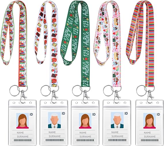 Outus 5 Pieces Teacher Lanyard Keychain with ID Badge Holder for Women Novelty Education Themed School Teachers Lanyards Key Chain with Vertical Water Resistant Name Badge Holder