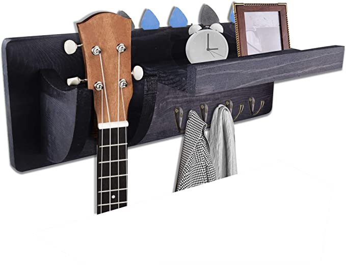 Guitar Wall Mount Bracket Hanger Guitar Holder Guitar Wood Hanging Rack with Pick Holder Storage Shelf with 4 Metal Hooks, Black