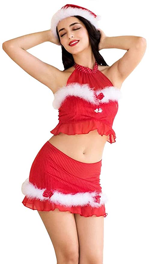 Esquki Women Christmas Costume Sexy Ms. Santa Party Outfit with Hat