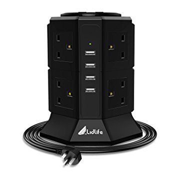 Lidlife Tower Power Strip Vertical Extension lead Surge Protector with 8 Way Outlet and 4 USB Ports 2M/6.5ft Extension Cord