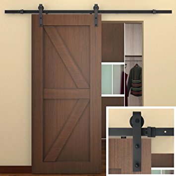 SMARTSTANDARD 8 FT Sliding Barn Door Hardware (Black) (J Shape Hangers) (1 x 8 foot Rail)