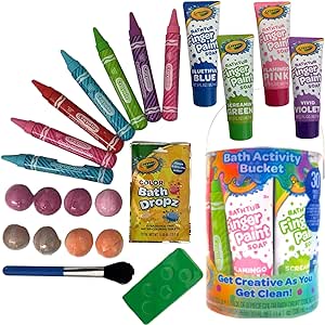 Crayola Bathtime Activity Bucket Kid's Bundle, 30-Piece Set with Bath Bombs, Colorful Finger Paint Soap Tubes, Body Wash Pens, Bath Drops, Palette, Paint Brush, & Reusable Bucket | Make Bath Time FUN!