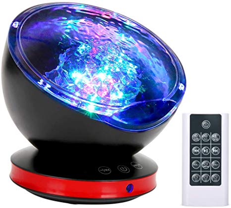[New Version]Ocean Wave Projector 12 LED Remote Control Undersea Projector Lamp, 8 Color Changing Music Player LED Night Light Projector for Kids Adult Bedroom Living Room Decoration (Black)