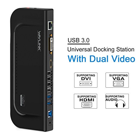 Wavlink Universal USB 3.0 Docking Station with Dual Video Outputs Support for Windows (HDMI & DVI/VGA, Gigabit Ethernet, Audio, 6 USB Ports for Laptop)