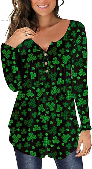 Roshop St Patrick's Day Women's Lucky Shamrocks Printed Button Collar Short Sleeve Pleated Tunic Tops