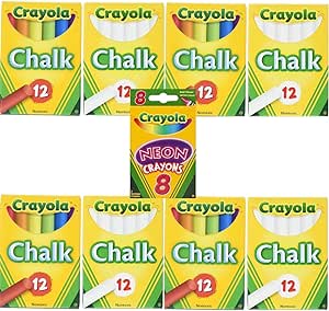 Crayola Non-Toxic White Chalk(12 ct box) Pack of 4 and Colored Chalk(12 ct box) Pack of 4 Bundle with Box of Neon Crayons