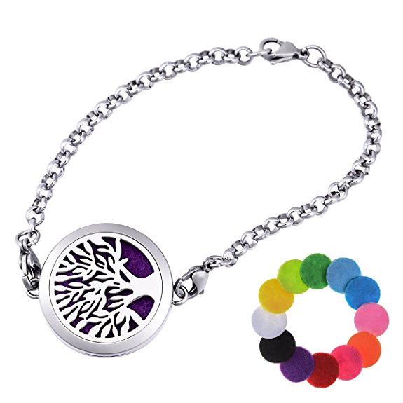 Tree of Life Aromatherapy Essential Oil Diffuser Bracelet Stainless Steel Locket Bracelet Adjustable 12 Refill Pads
