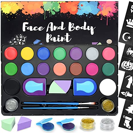 RIOGOO Face Paint Kit for Kids, Large Water Based Paints,16 Large Water Based Paints, 24 Stencils, 2 Glitters, Halloween Makeup Kit, Face Paint Palette, Face Paints Safe for Sensitive Skin