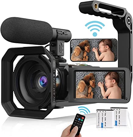 Video Camera Camcorder, 4K Vlogging Camera UHD 48MP WiFi YouTube Camera Recorder with Microphone, Remote, Stabilizer, Lens Hood
