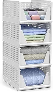 Sorbus 4 Pack Folding Closet Shelf Organizer for Clothes - Versatile Stackable Storage Baskets for Closet, Bathroom, Kitchen & Garage - Easy Access Open Front Design - Plastic Organizer Shelves