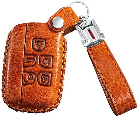 ontto Leather Car Key Fob Cover Keyring for Land Rover Defender Discovery Evoque LR4 Range Rover Sport Jaguar 5-Buttons accessories Key Case keychain Remote key Shell key Holder Protector Brown A