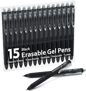 Lineon Erasable Gel Pens, 15 Black Retractable Fine Point Erasable Pens Clicker, Assorted Color Inks, Make Mistakes Disappear for Drawing Writing Planner and Crossword Puzzles