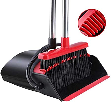 Tiumso Broom and Dustpan 2019 Version Set with Upgrade Combo and Sturdiest Extendable Long Handle, 4 Layers Bristles, Upright Standing for Home, Office, Kitchen, Lobby (Black, Red)