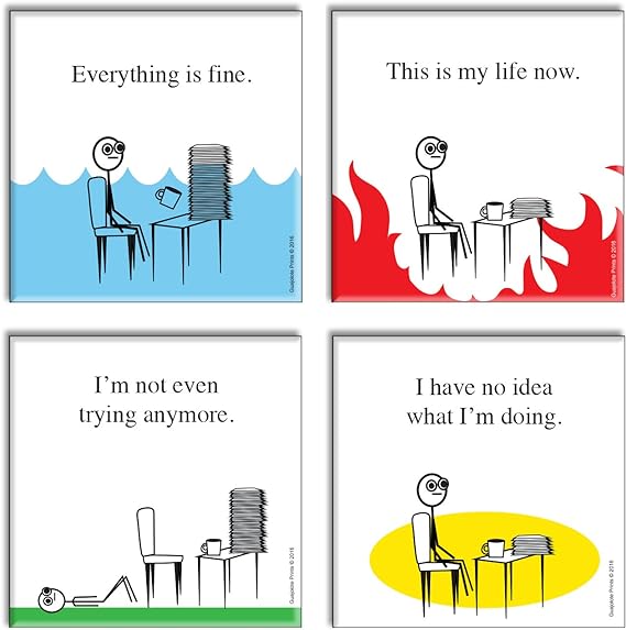 Funny Novelty Office Fridge Magnets (4 Items) Gag Gift Idea - Everything is Fine, This is My Life Now, I Have no idea What I'm Doing, and I'm not Even Trying Anymore