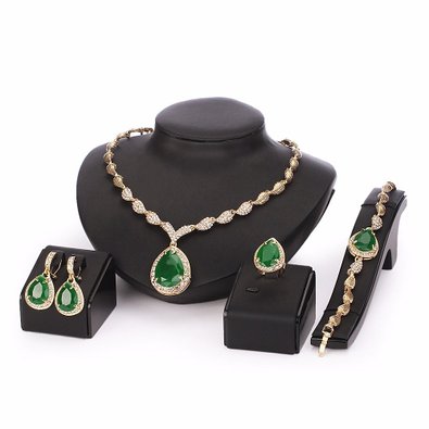Women's Gold Plated Cubic Zirconia Jewelry Set 4PC Necklace Bracelet Ring Earrings