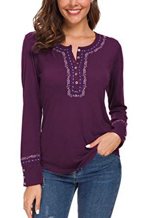 Urban CoCo Women's Long Sleeve Boho Shirt Embroidered Top