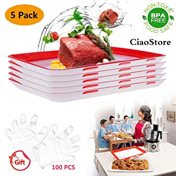 Food Plastic Preservation Tray, Healthy Creative Tray Kitchen Tools, 2019 New Healthy Seal Storage Container for Keep Food Fresh (5 trays 100 gloves)