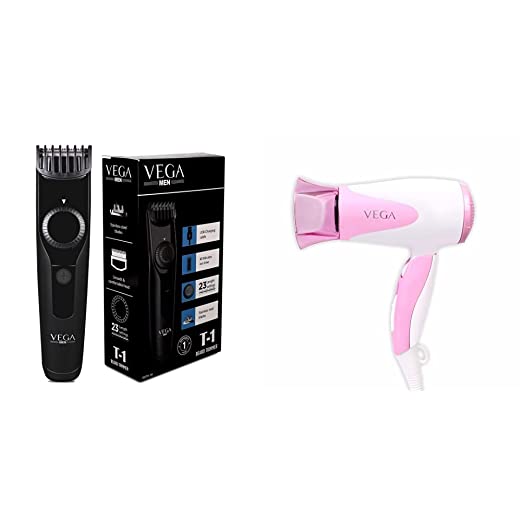 Vega T-1 TRIMMER for Men, USB charging, cordless, rechargeable - 40 minutes run time, 23 length settings starting 1mm   VEGA Blooming Air 1000 Hair Dryer (VHDH-05), Color may Vary