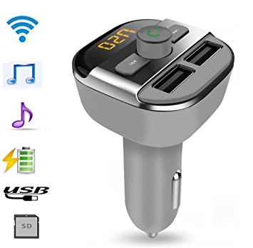 Bluetooth Car Kit FM Transmitter, Kinnara Wireless Bluetooth FM Modulator Car Radio Adapter with LED Display, Dual USB Output, MP3 Player Support U Disk & Micro SD (Classic-Gray)