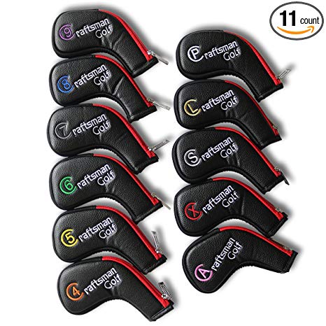 Craftsman Golf 11pcs /Set (4,5,6,7,8,9,A,S,P,L,X) Synthetic Leather Black with Red Edge Iron Head Cover Headcover Set for Titleist Callaway Ping with Zipper