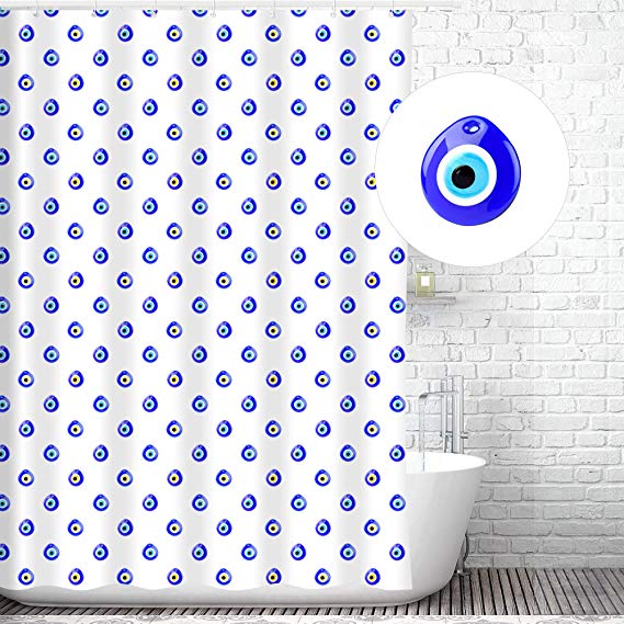 Traveling Twins Evil Eye Lucky Charm Shower Curtain Liner (100% Polyester Fabric, Waterproof and Mildew Resistant + Weighted Bottom) - 72 x 70 inches