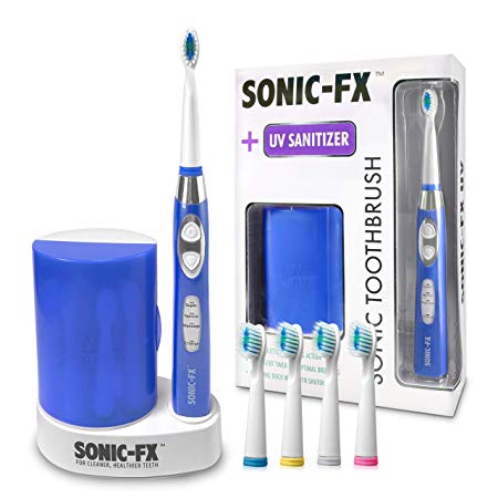 Sonic-FX Toothbrush with UV Sanitizer - 4 Brush Heads Included, Waterproof Design - Blue