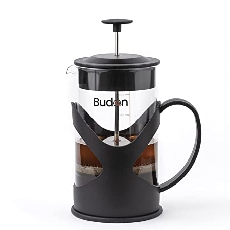 Budan French Press Coffee Brewer and Tea Maker 600ml with 4 Level Filtration System, Heat Resistant Borosilicate Glass with level marking, Clear Glass.