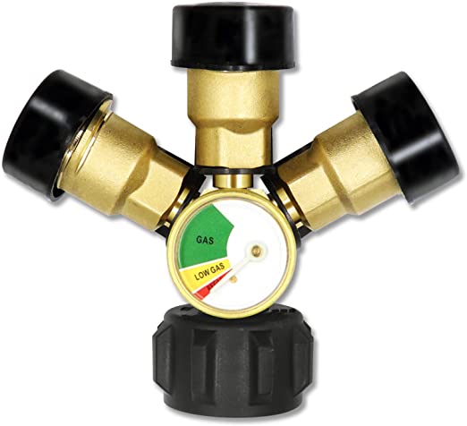 3 Way Propone Splitter QCC/POL (Propane Tank 3 Y Splitter Adapter) with Gauge and Shut-Off Valve, 3 Way Propane Gas Splitter for Propane Tank, which for Camping Stoves, BBQ Grills, RV Camper, etc.