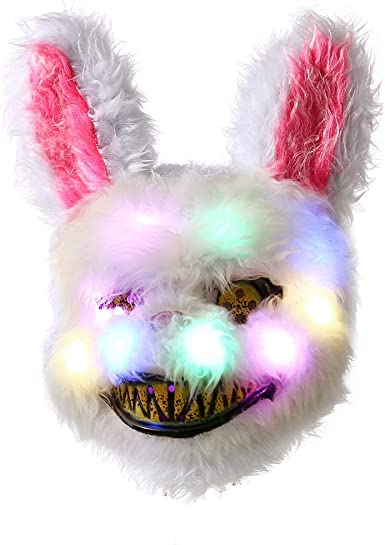 TKYGU Halloween Scary Mask Rabbit Bunny Mask,Bloody Plush Animal Head Mask with LED Lights,Cosplay Costume Props Halloween Party... (White LED light
