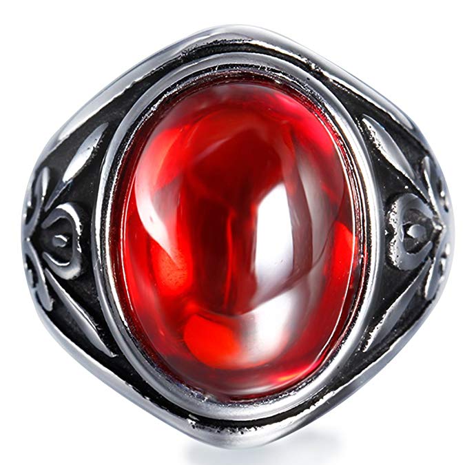 Boho Jewelry Men's Vintage Stainless Steel Oval Ruby Ring Band Black Silver