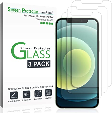 amFilm Glass Screen Protector Compatible for iPhone 12 / iPhone 12 Pro (6.1" Display) (3 Pack) with Easy Installation Tray