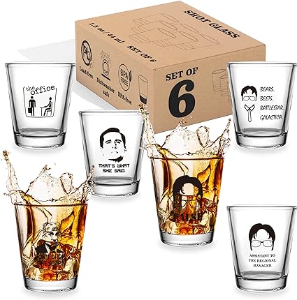 6 PCS The Office Merchandise Shot Glasses Set, 1.5 oz The Office Merch Clear Shot Glass Cups with Heavy Base, Funny The Office Gifts for Men, Women or The Office TV Show Fans