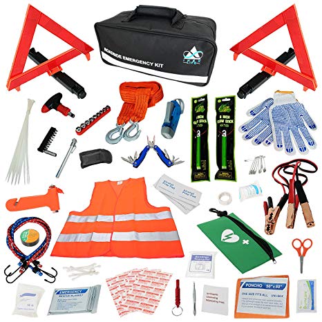 Car Emergency Roadside Assistance Kit 112 Pieces | First Aid Kit, Premium Jumper Cables, Reflective Safety Triangle, Tow Strap, Tools, Warning Vest | Ultimate All-In-One Survival Solution Auto, Truck
