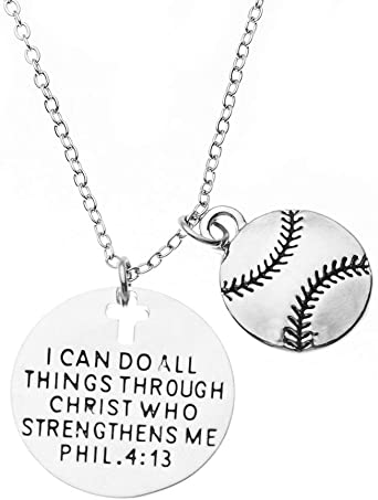 Softball Christian Necklace, Faith I Can Do All Things Through Christ Who Strengthens Me Phil. 4:13 Pendent, Scripture Jewelry Christian Gifts Verse Bible Gift for Softball Players